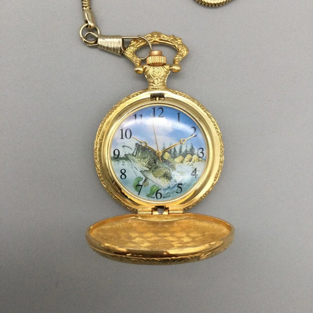 Bass Fish Pocket Key Ring Watch Mens 47mm Gold Tone Chain Fish Dial New Battery